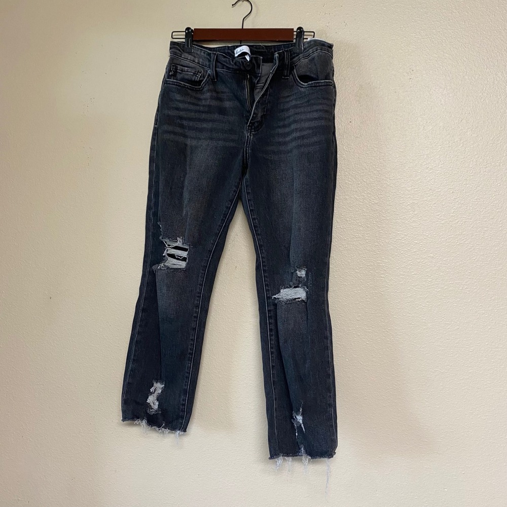 KanCan Black Cropped Jeans Distressed Size 28 Mid Rise